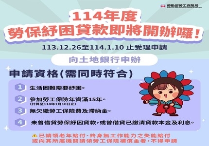 114年勞工保險被保險人紓困貸款開辦了!